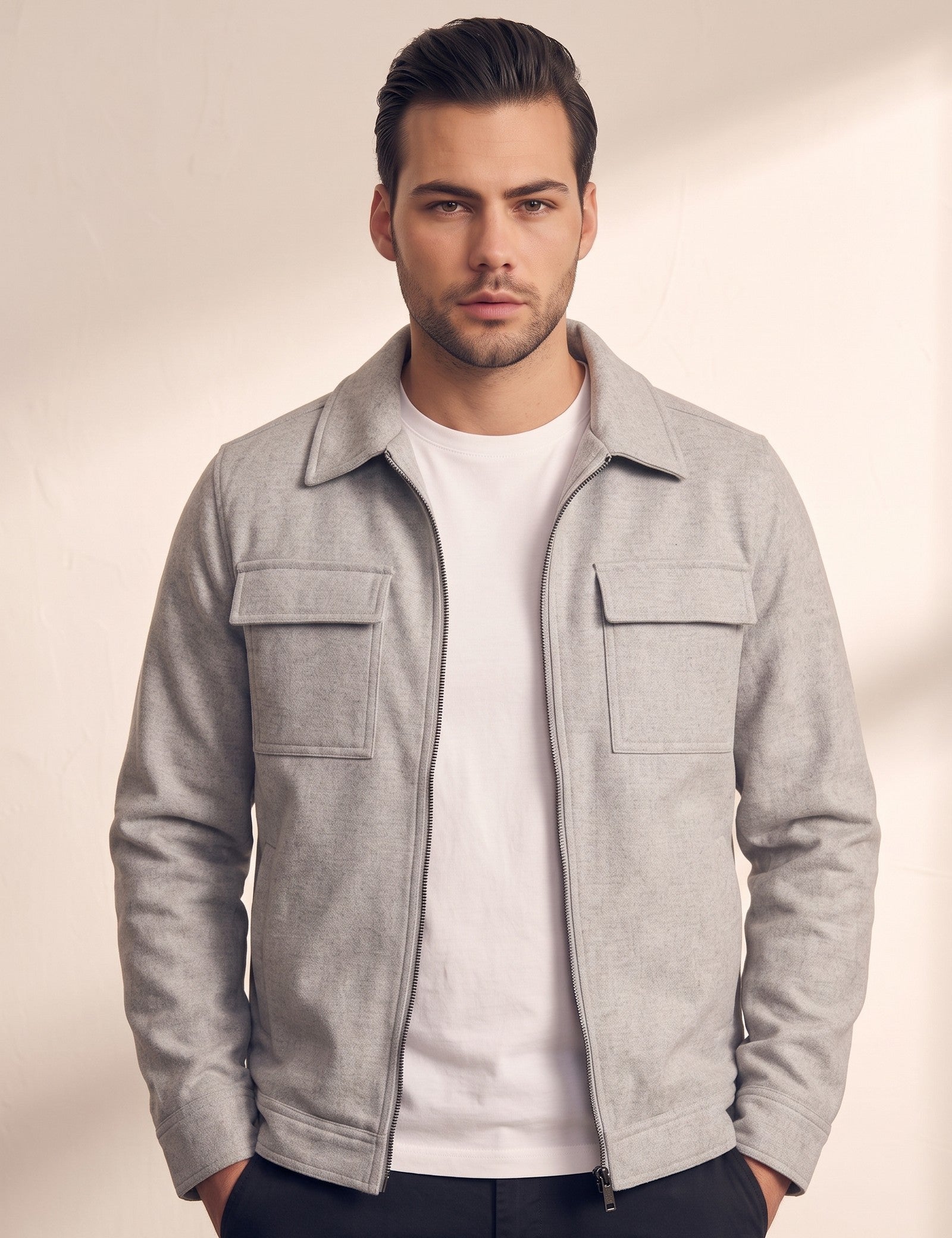 Men's Collared Zip-Through Jacket with Chest Pockets, close-up of the upper body
