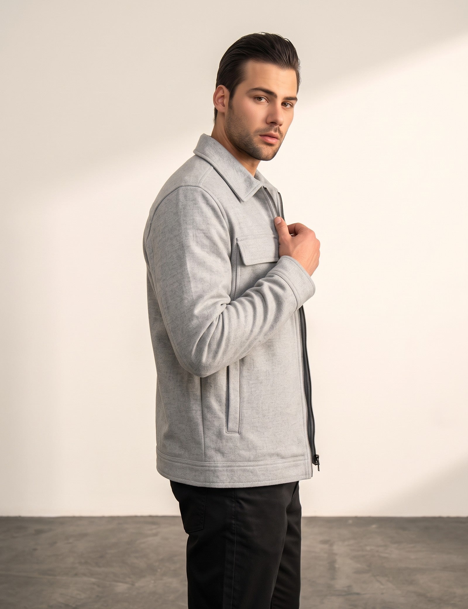 Men's Collared Zip-Through Jacket with Chest Pockets, side view, full length