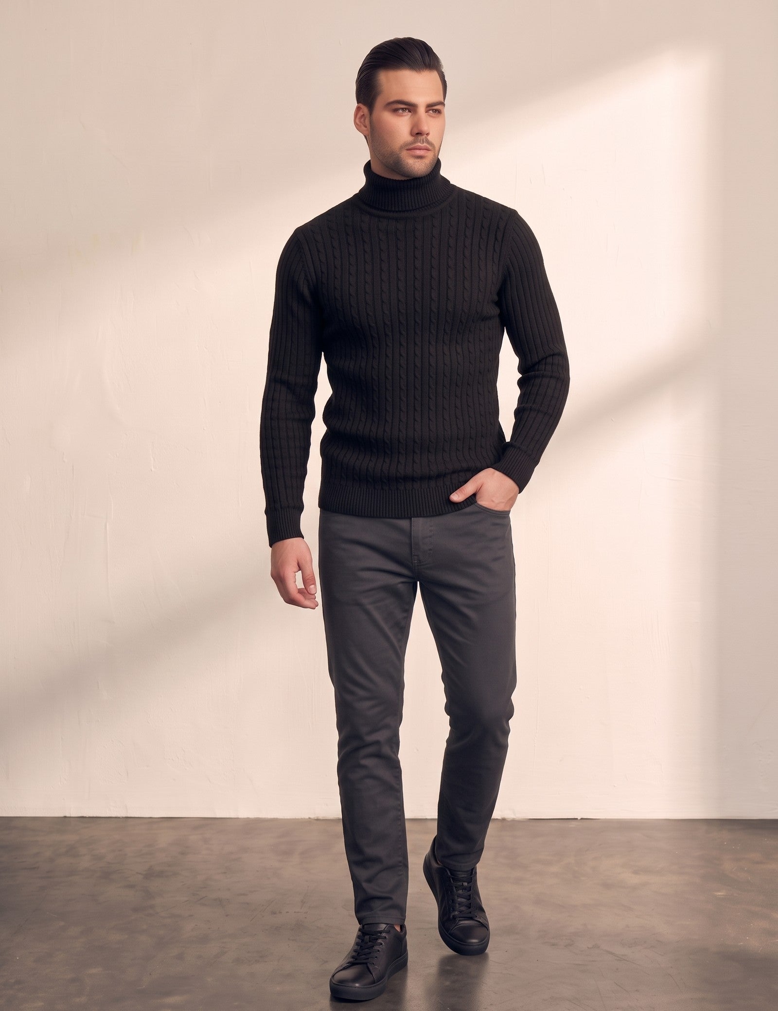 Men's Cream Slim Fit Cable Knit Roll Neck Jumper - Black, back view, full length.
