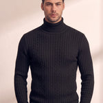 Men's Cream Slim Fit Cable Knit Roll Neck Jumper - Black, close-up of the upper body.