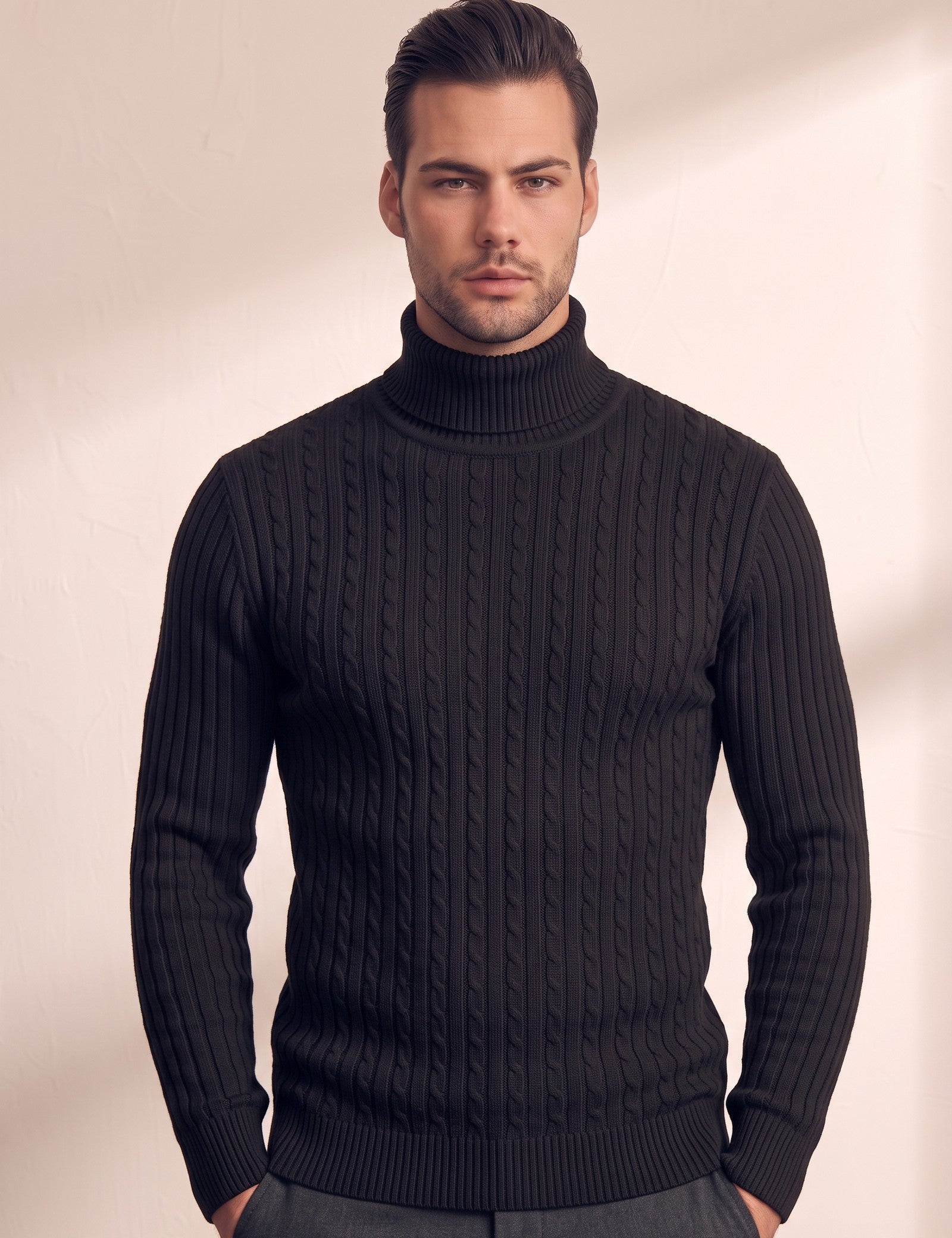 Men's Cream Slim Fit Cable Knit Roll Neck Jumper - Black, close-up of the upper body.