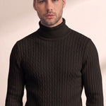 Men's Cream Slim Fit Cable Knit Roll Neck Jumper - Black, close-up of the upper body.