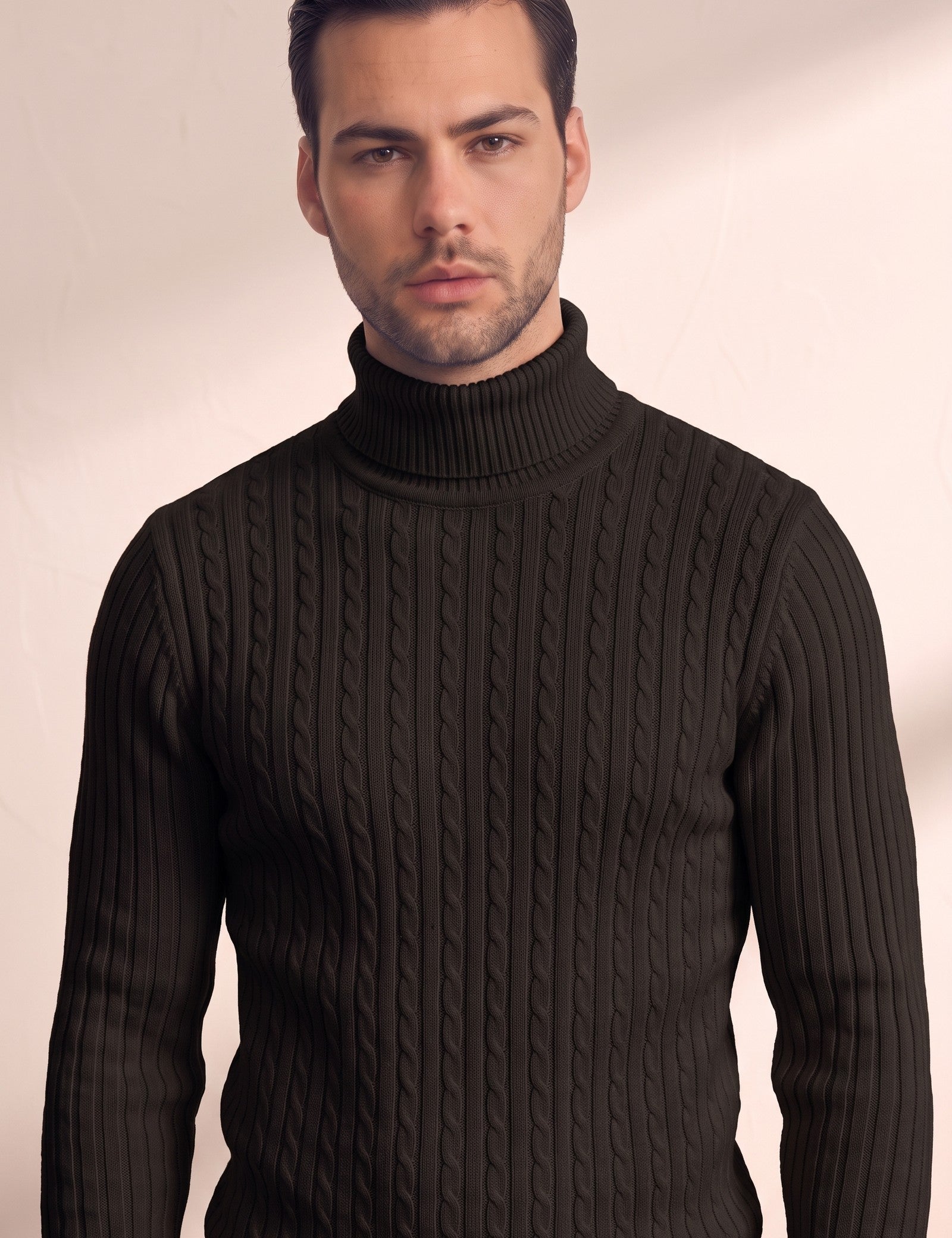 Men's Cream Slim Fit Cable Knit Roll Neck Jumper - Black, close-up of the upper body.