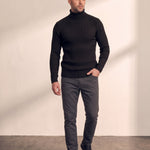 Men's Cream Slim Fit Cable Knit Roll Neck Jumper - Black, front view, full length.