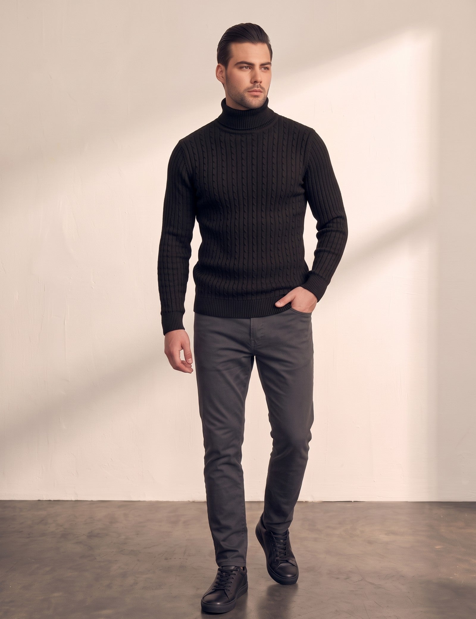 Men's Cream Slim Fit Cable Knit Roll Neck Jumper - Black, front view, full length.