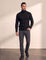 Men's Cream Slim Fit Cable Knit Roll Neck Jumper - Black, front view, full length.
