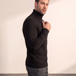 Men's Cream Slim Fit Cable Knit Roll Neck Jumper - Black, side view, full length.