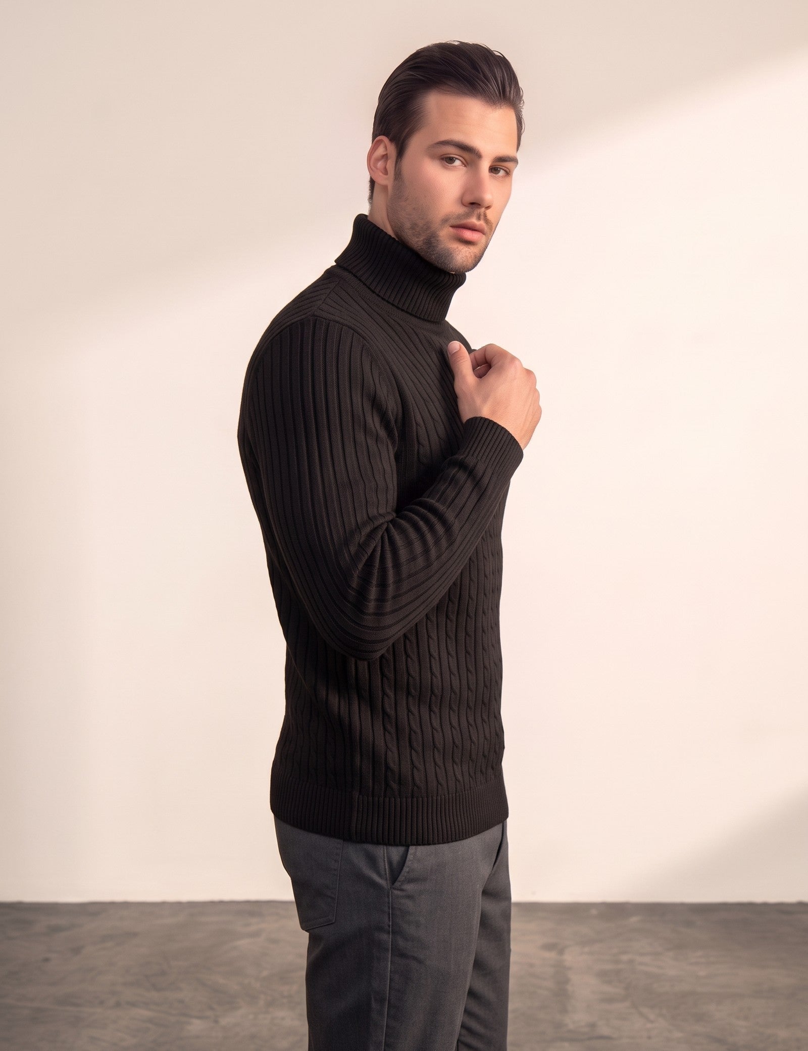 Men's Cream Slim Fit Cable Knit Roll Neck Jumper - Black, side view, full length.