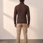 Men's Cream Slim Fit Cable Knit Roll Neck Jumper - Brown, back view, full length.