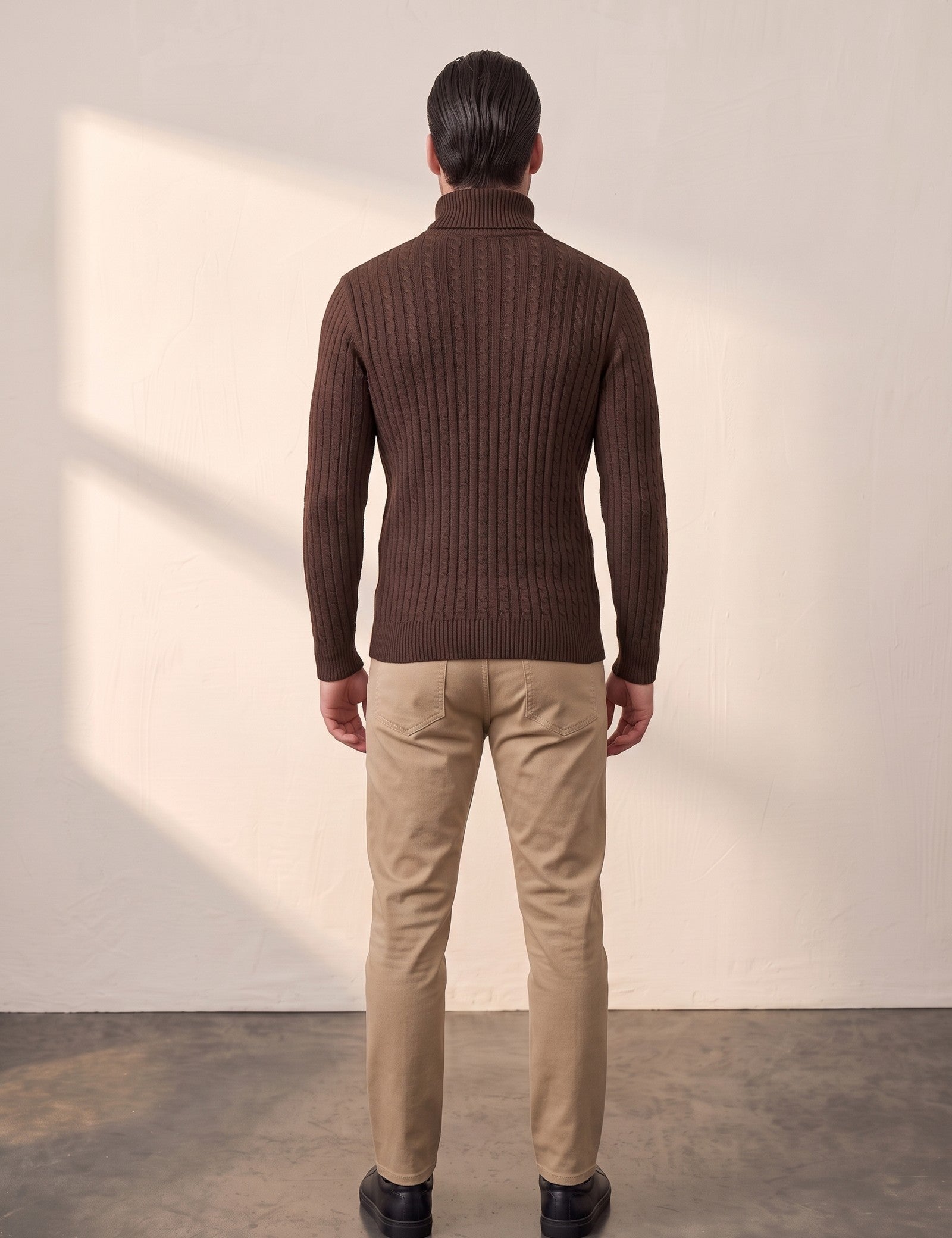 Men's Cream Slim Fit Cable Knit Roll Neck Jumper - Brown, back view, full length.