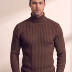Men's Cream Slim Fit Cable Knit Roll Neck Jumper - Brown, close-up of the upper body.