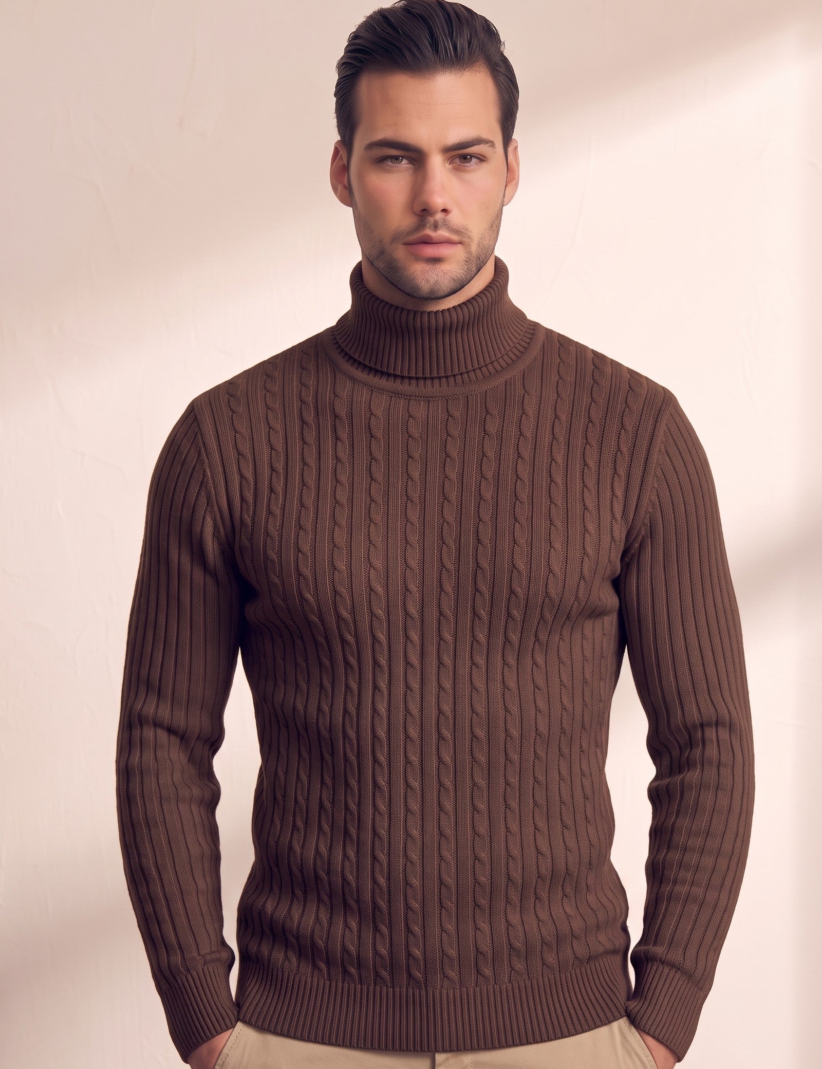 Men's Cream Slim Fit Cable Knit Roll Neck Jumper - Brown, close-up of the upper body.