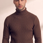 Men's Cream Slim Fit Cable Knit Roll Neck Jumper - Brown, close-up of the upper body.
