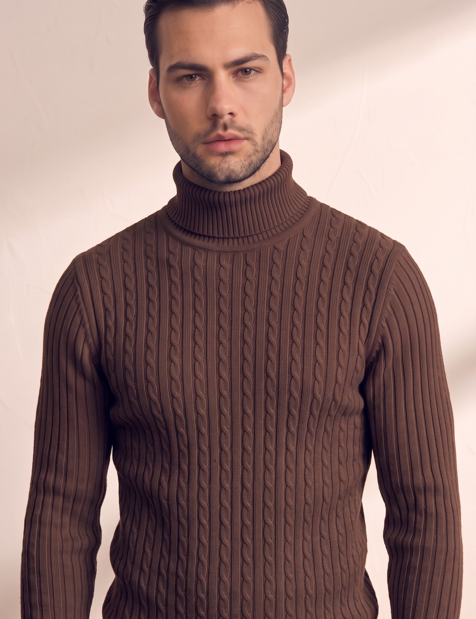 Men's Cream Slim Fit Cable Knit Roll Neck Jumper - Brown, close-up of the upper body.