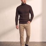 Men's Cream Slim Fit Cable Knit Roll Neck Jumper - Brown, front view, full length.