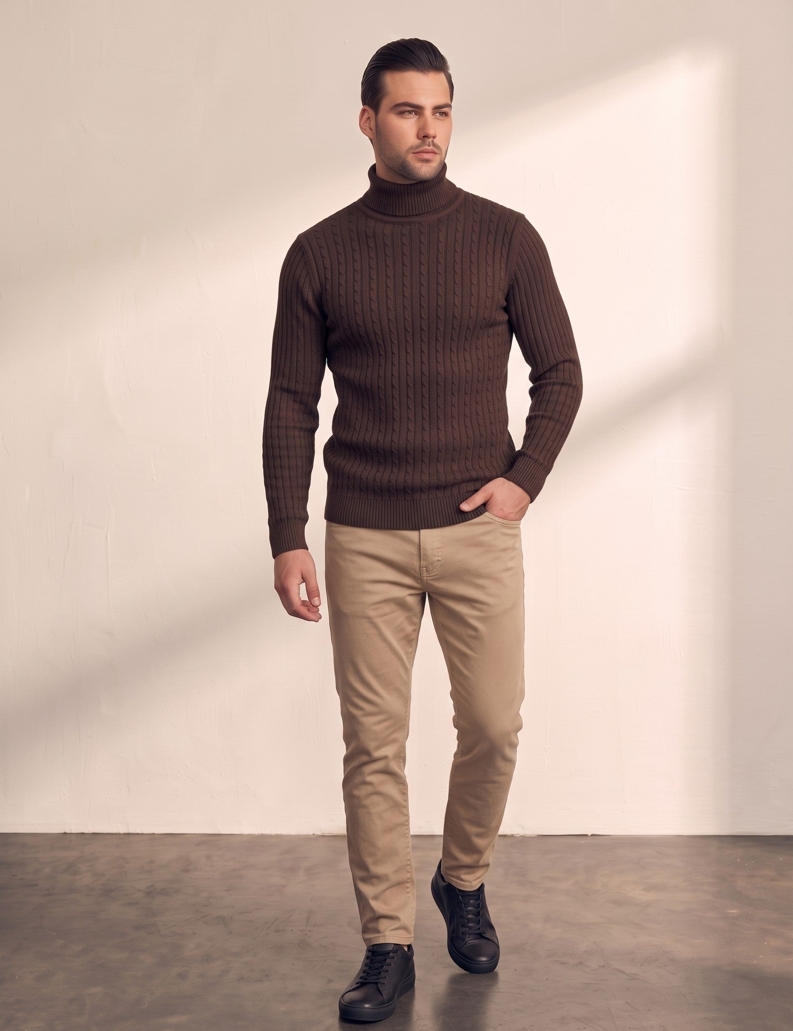 Men's Cream Slim Fit Cable Knit Roll Neck Jumper - Brown, front view, full length.