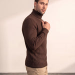 Men's Cream Slim Fit Cable Knit Roll Neck Jumper - Brown, side view, full length.