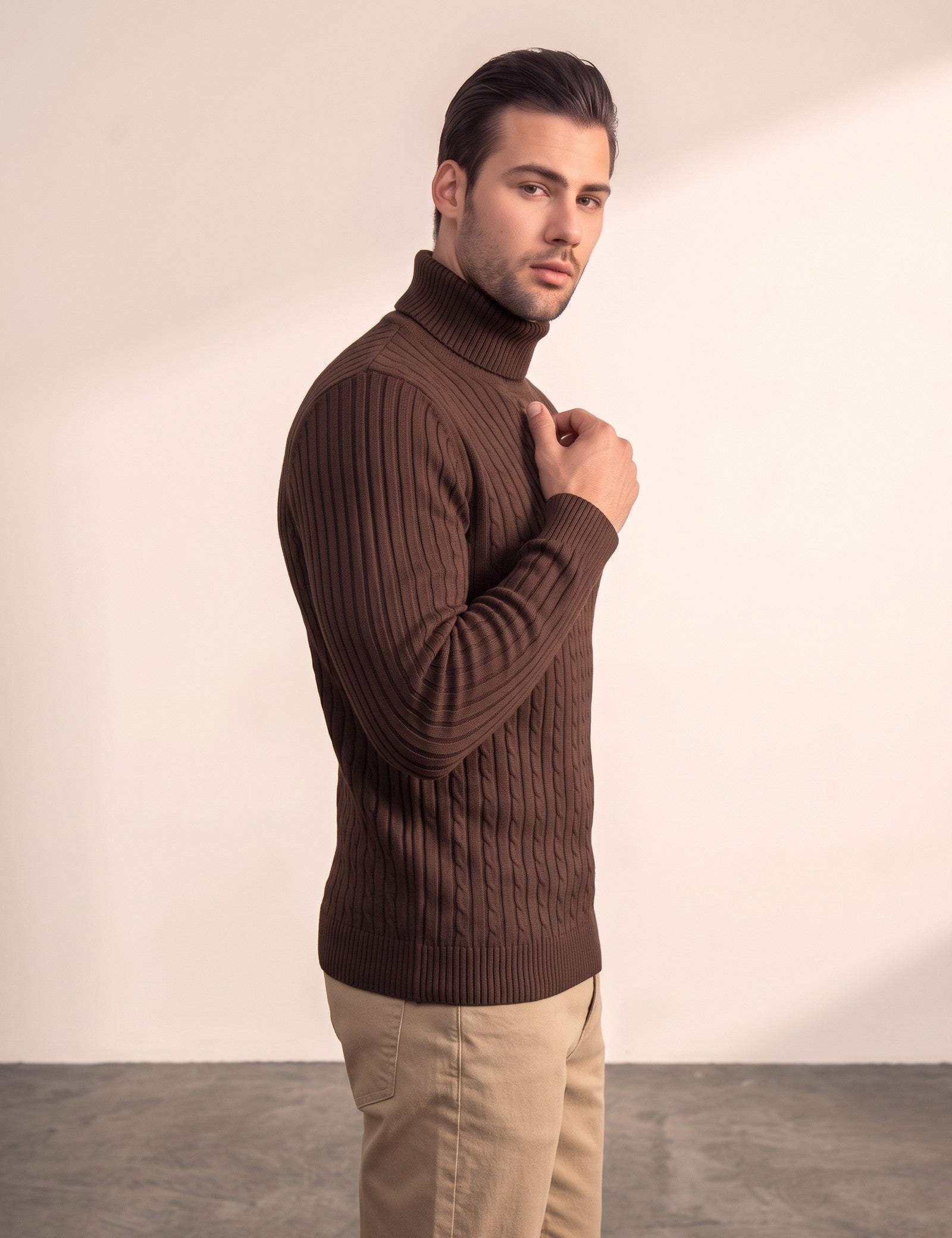 Men's Cream Slim Fit Cable Knit Roll Neck Jumper - Brown, side view, full length.