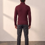 Men's Cream Slim Fit Cable Knit Roll Neck Jumper - Burgundy, back view, full length.