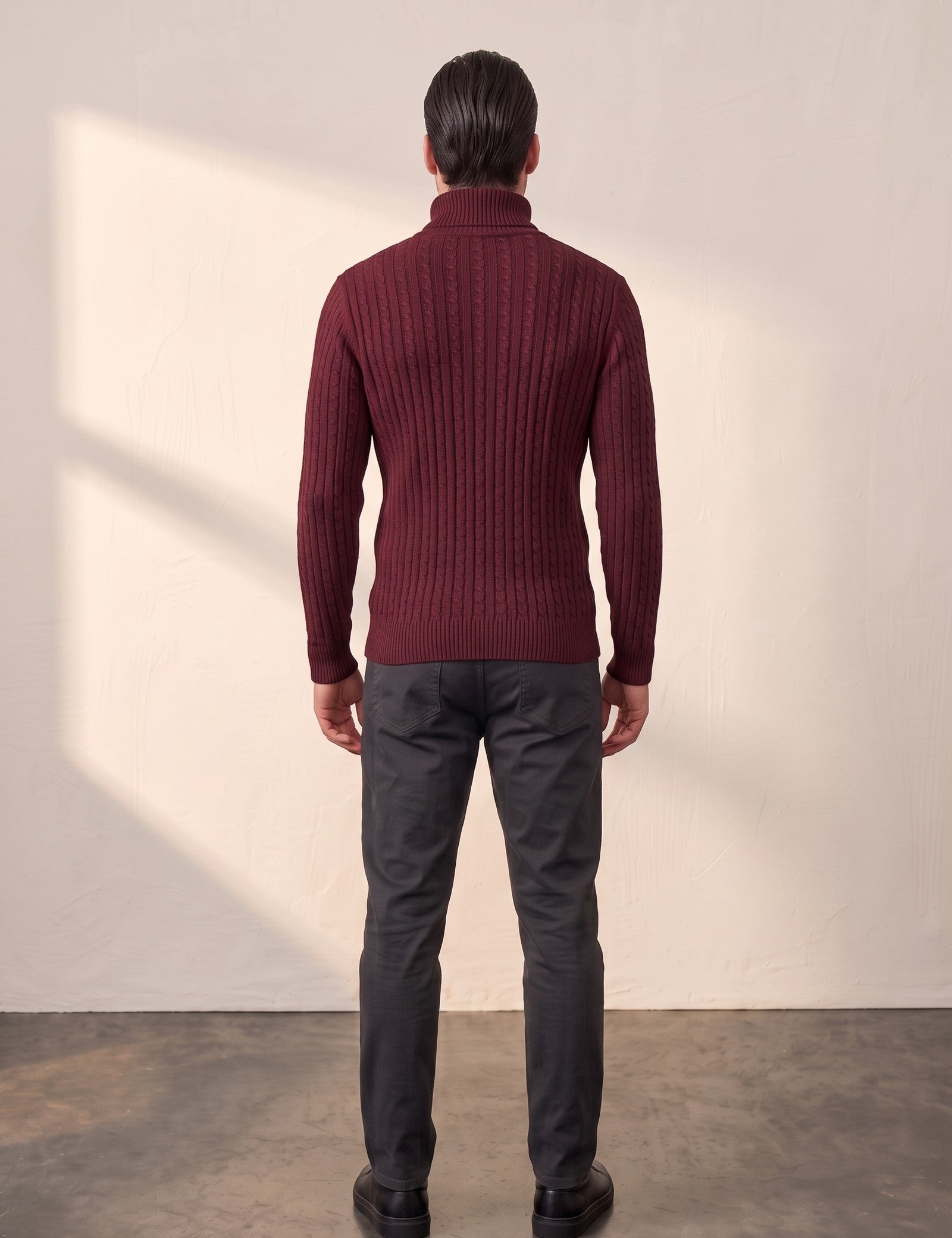 Men's Cream Slim Fit Cable Knit Roll Neck Jumper - Burgundy, back view, full length.
