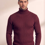 Men's Cream Slim Fit Cable Knit Roll Neck Jumper - Burgundy, close-up of the upper body.