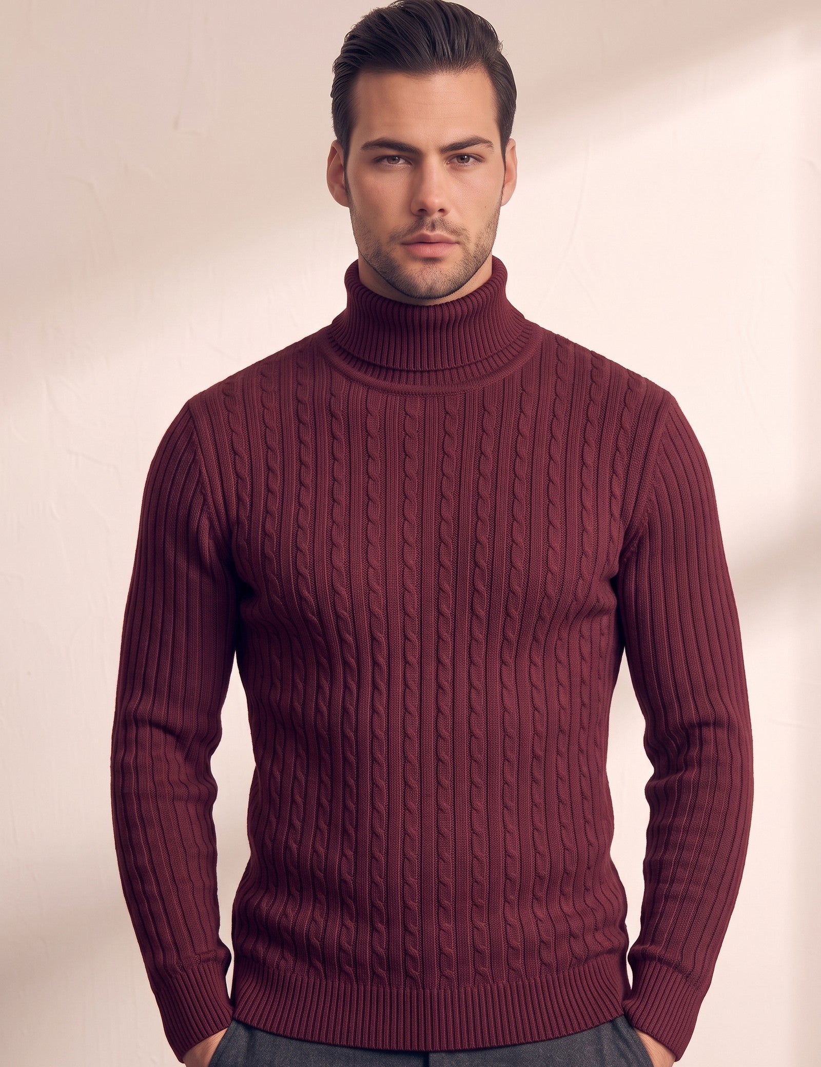 Men's Cream Slim Fit Cable Knit Roll Neck Jumper - Burgundy, close-up of the upper body.