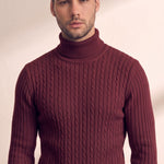 Men's Cream Slim Fit Cable Knit Roll Neck Jumper - Burgundy, close-up of the upper body.