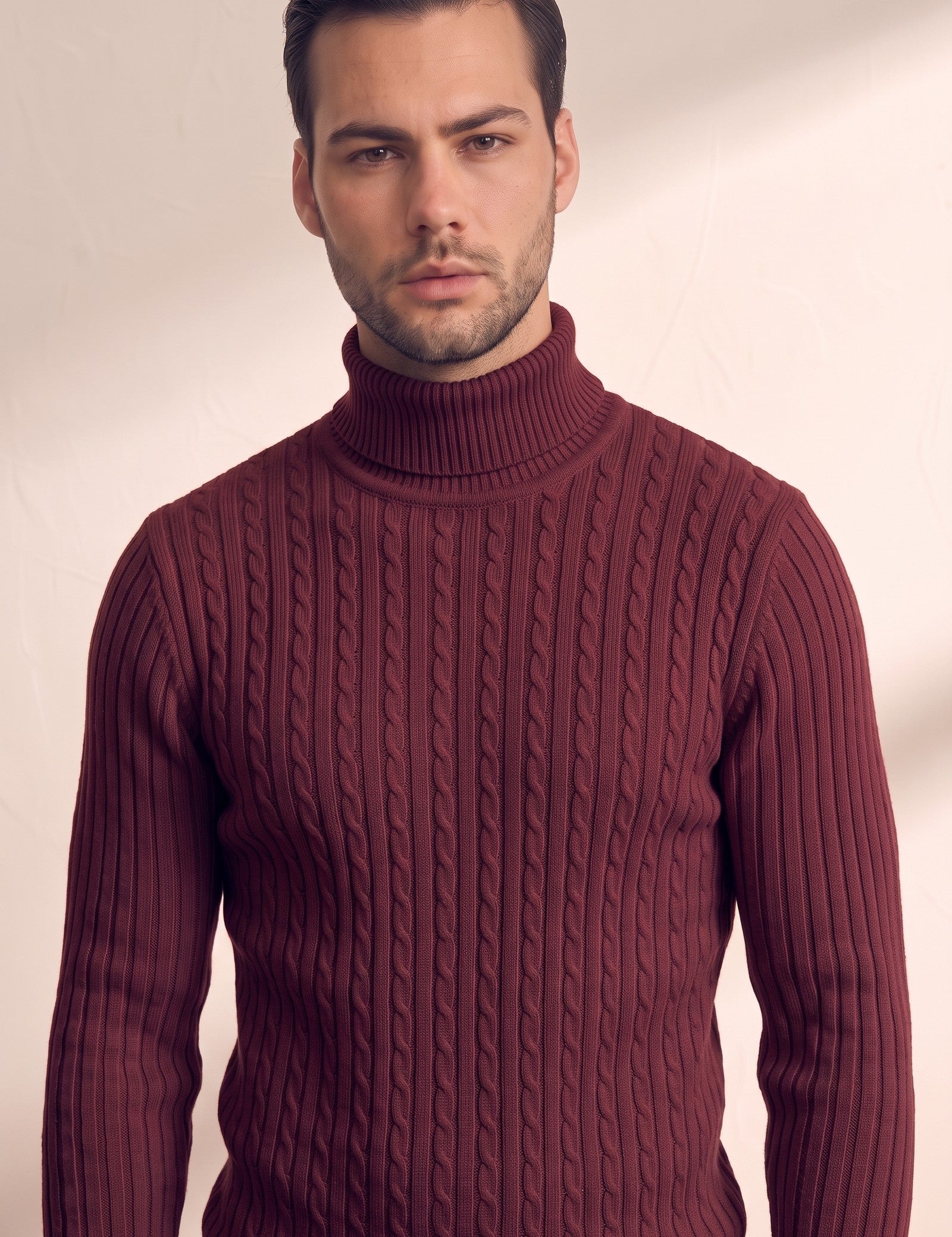 Men's Cream Slim Fit Cable Knit Roll Neck Jumper - Burgundy, close-up of the upper body.