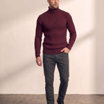 Men's Cream Slim Fit Cable Knit Roll Neck Jumper - Burgundy, front view, full length.