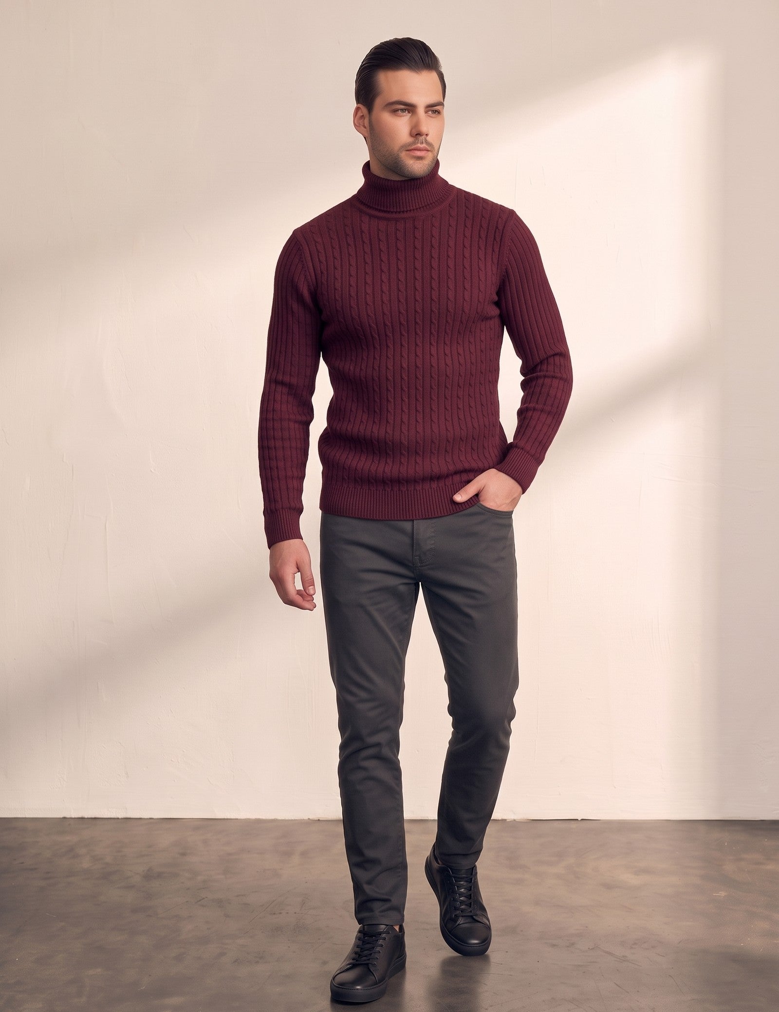 Men's Cream Slim Fit Cable Knit Roll Neck Jumper - Burgundy, front view, full length.