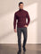 Men's Cream Slim Fit Cable Knit Roll Neck Jumper - Burgundy, front view, full length.