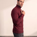 Men's Cream Slim Fit Cable Knit Roll Neck Jumper - Burgundy, side view, full length.