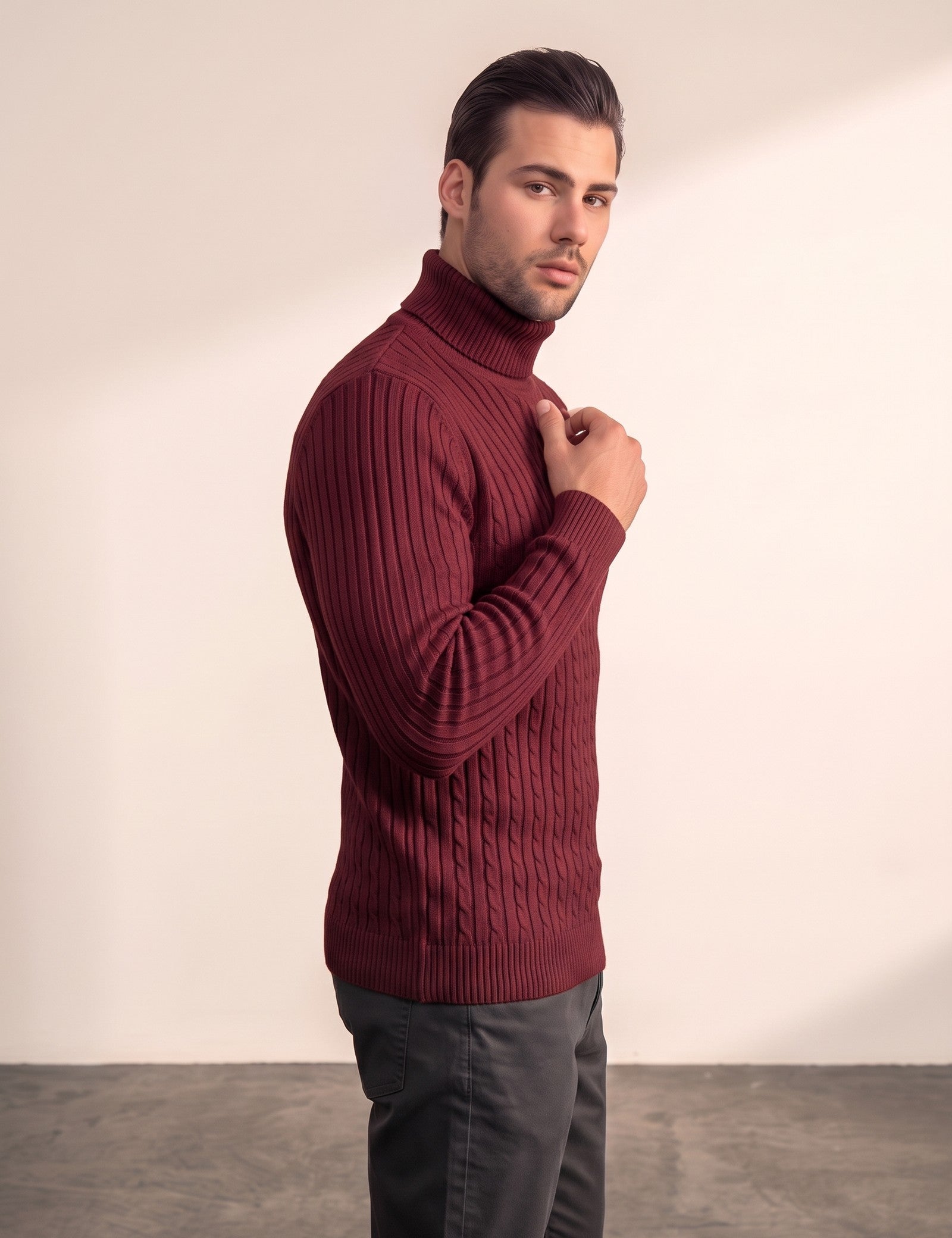 Men's Cream Slim Fit Cable Knit Roll Neck Jumper - Burgundy, side view, full length.