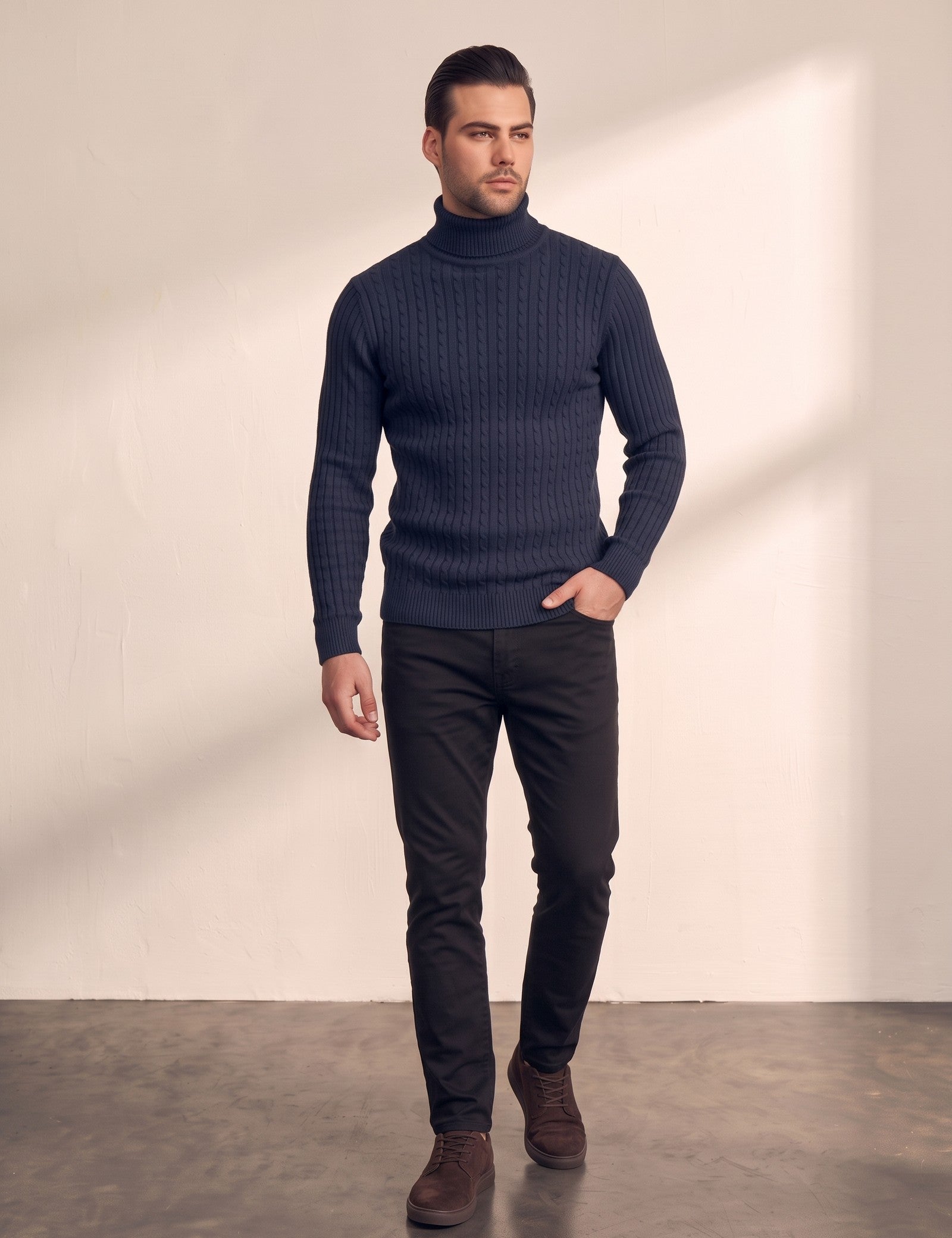 Men's Cream Slim Fit Cable Knit Roll Neck Jumper - Navy Blue, back view, full length.