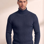 Men's Cream Slim Fit Cable Knit Roll Neck Jumper - Navy Blue, close-up of the upper body.
