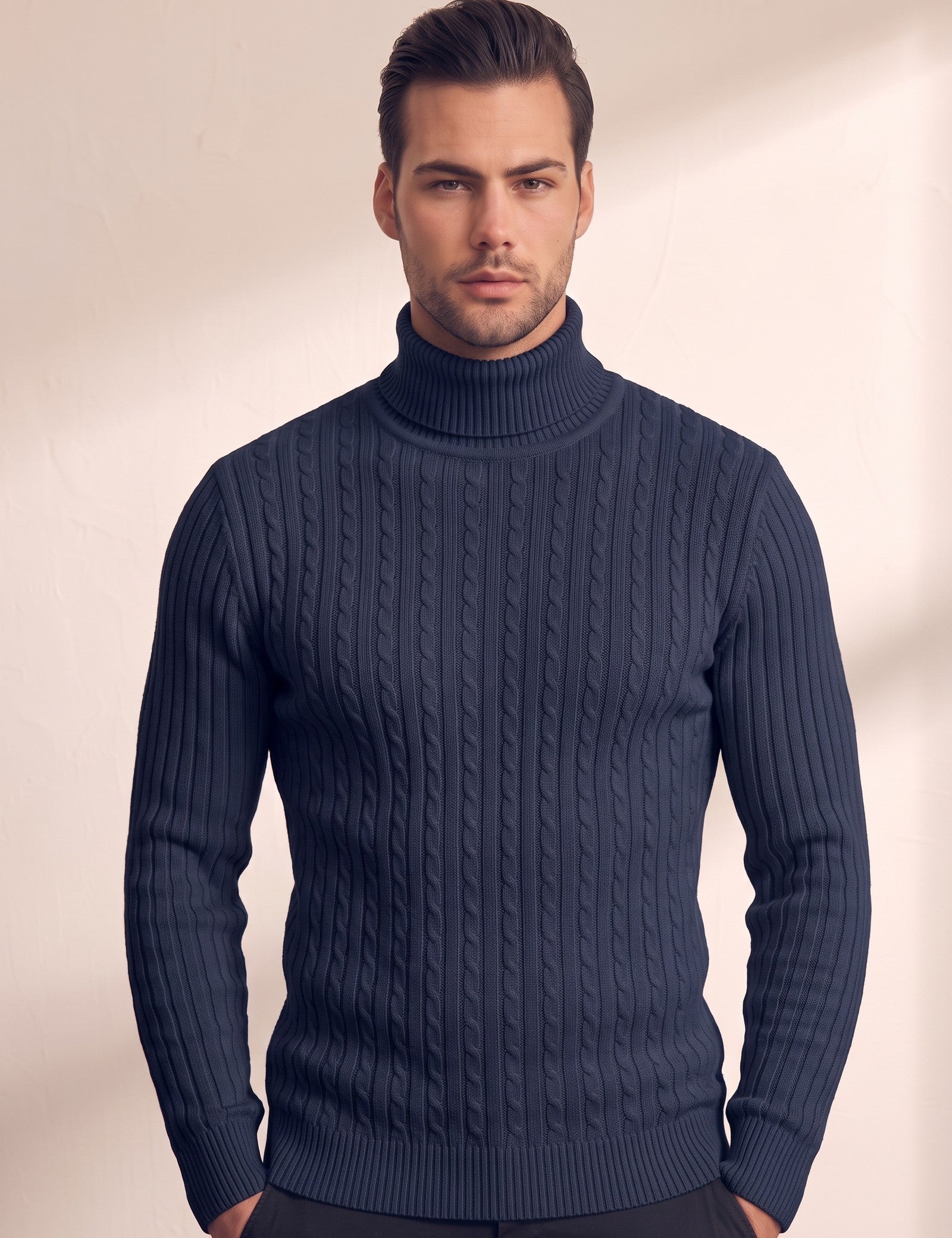 Men's Cream Slim Fit Cable Knit Roll Neck Jumper - Navy Blue, close-up of the upper body.