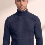 Men's Cream Slim Fit Cable Knit Roll Neck Jumper - Navy Blue, close-up of the upper body.
