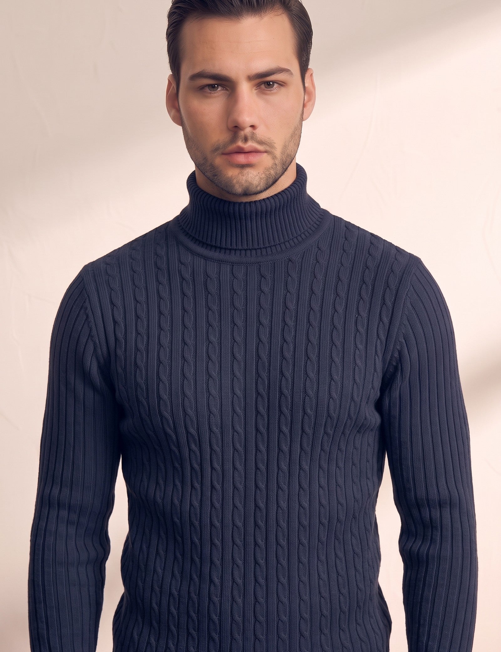 Men's Cream Slim Fit Cable Knit Roll Neck Jumper - Navy Blue, close-up of the upper body.