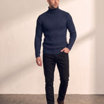 Men's Cream Slim Fit Cable Knit Roll Neck Jumper - Navy Blue, front view, full length.