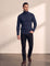 Men's Cream Slim Fit Cable Knit Roll Neck Jumper - Navy Blue, front view, full length.