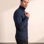Men's Cream Slim Fit Cable Knit Roll Neck Jumper - Navy Blue, side view, full length.