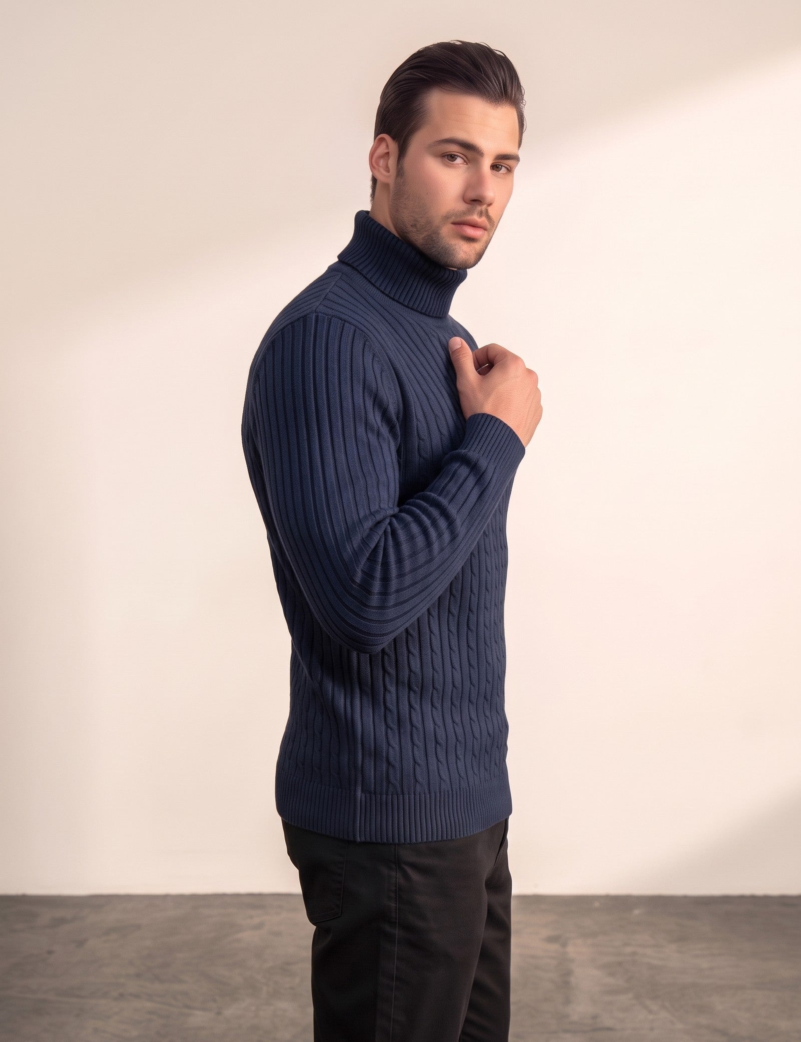 Men's Cream Slim Fit Cable Knit Roll Neck Jumper - Navy Blue, side view, full length.