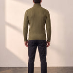 Men's Cream Slim Fit Cable Knit Roll Neck Jumper - Olive Green, back view, full length.