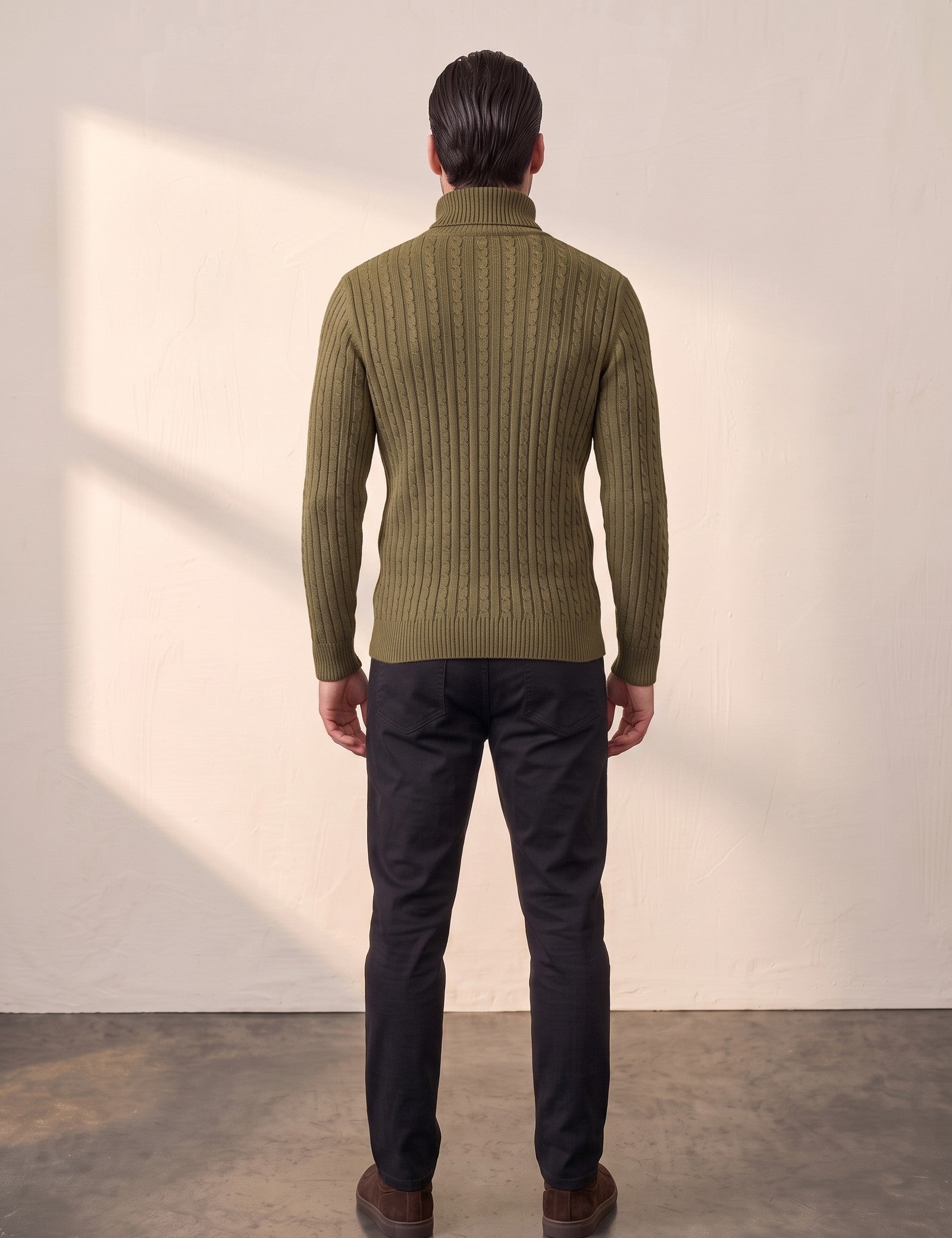 Men's Cream Slim Fit Cable Knit Roll Neck Jumper - Olive Green, back view, full length.