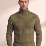 Men's Cream Slim Fit Cable Knit Roll Neck Jumper - Olive Green, close-up of the upper body.