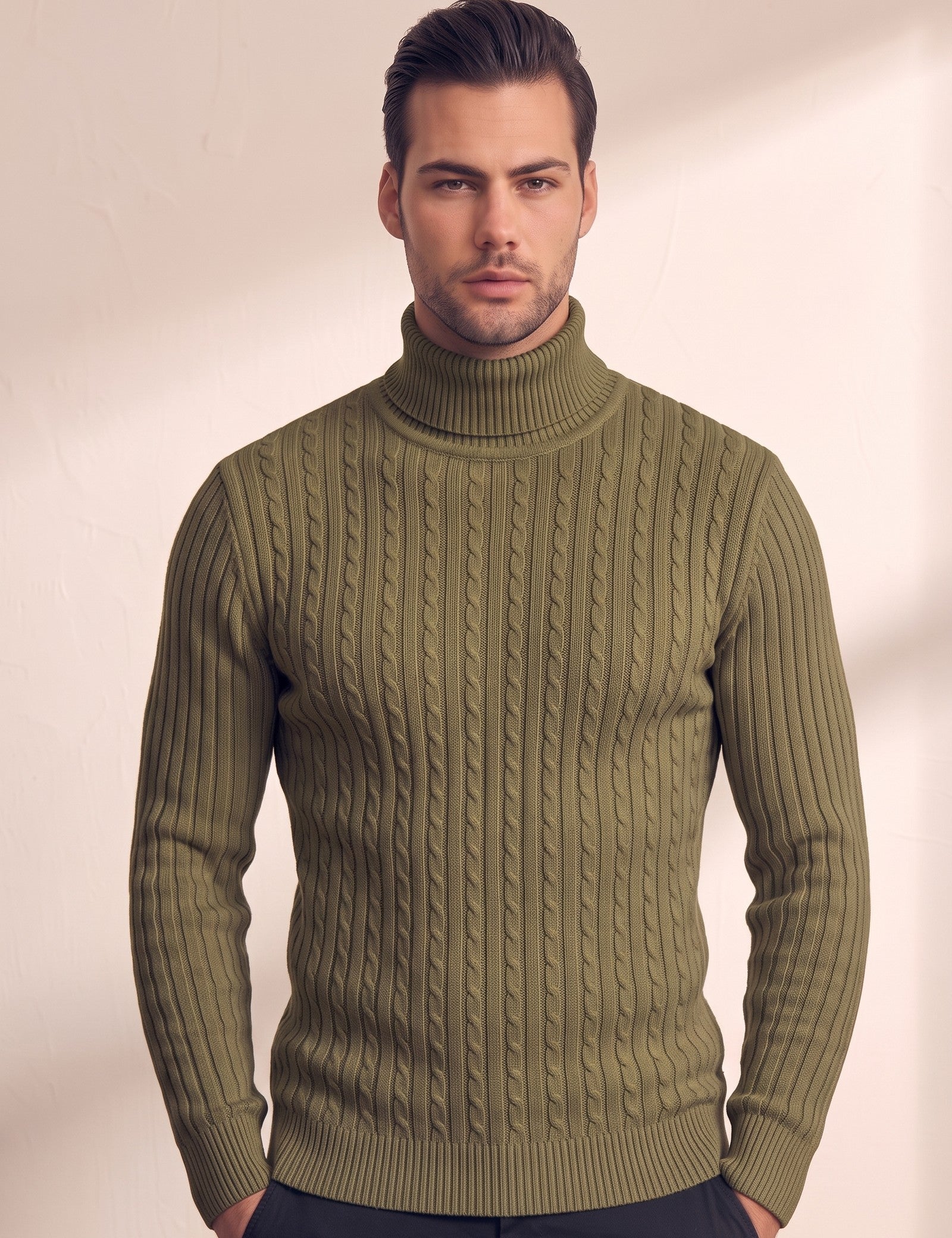 Men's Cream Slim Fit Cable Knit Roll Neck Jumper - Olive Green, close-up of the upper body.