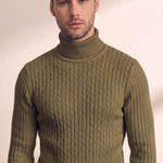 Men's Cream Slim Fit Cable Knit Roll Neck Jumper - Olive Green, close-up of the upper body.