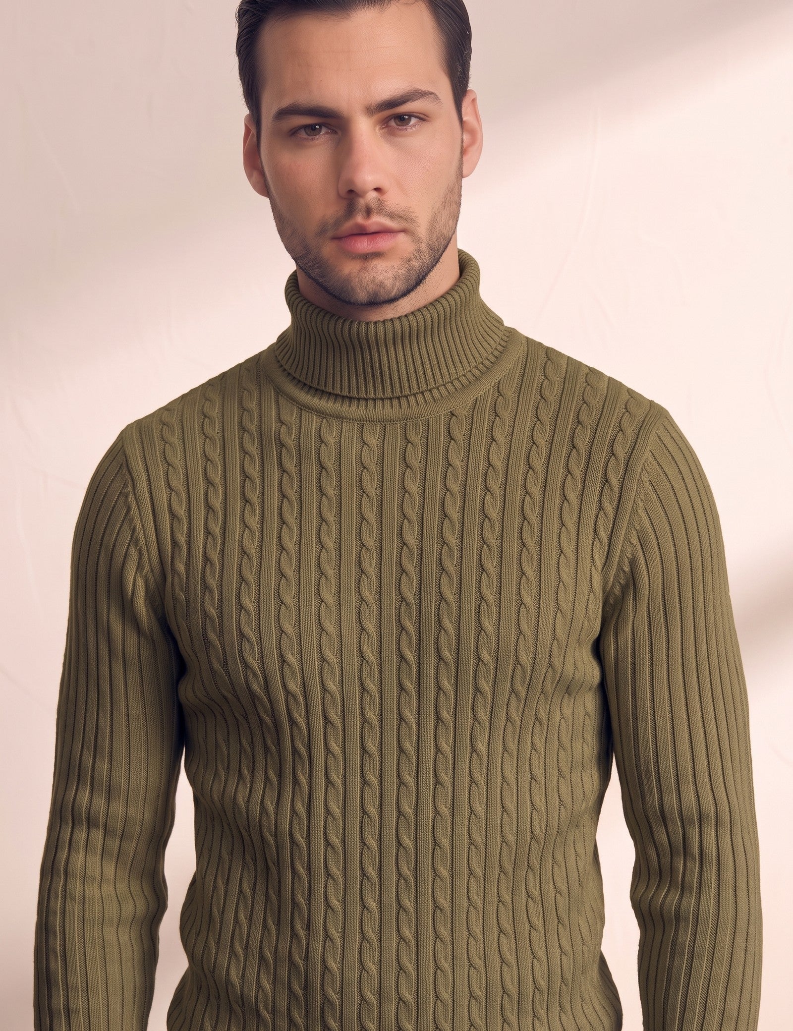 Men's Cream Slim Fit Cable Knit Roll Neck Jumper - Olive Green, close-up of the upper body.