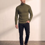 Men's Cream Slim Fit Cable Knit Roll Neck Jumper - Olive Green, front view, full length.