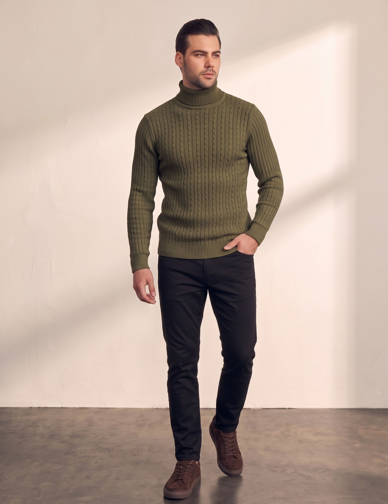 Men's Cream Slim Fit Cable Knit Roll Neck Jumper - Olive Green, front view, full length.